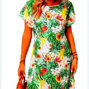 Tropical Green Leaf & Floral Shift Dress